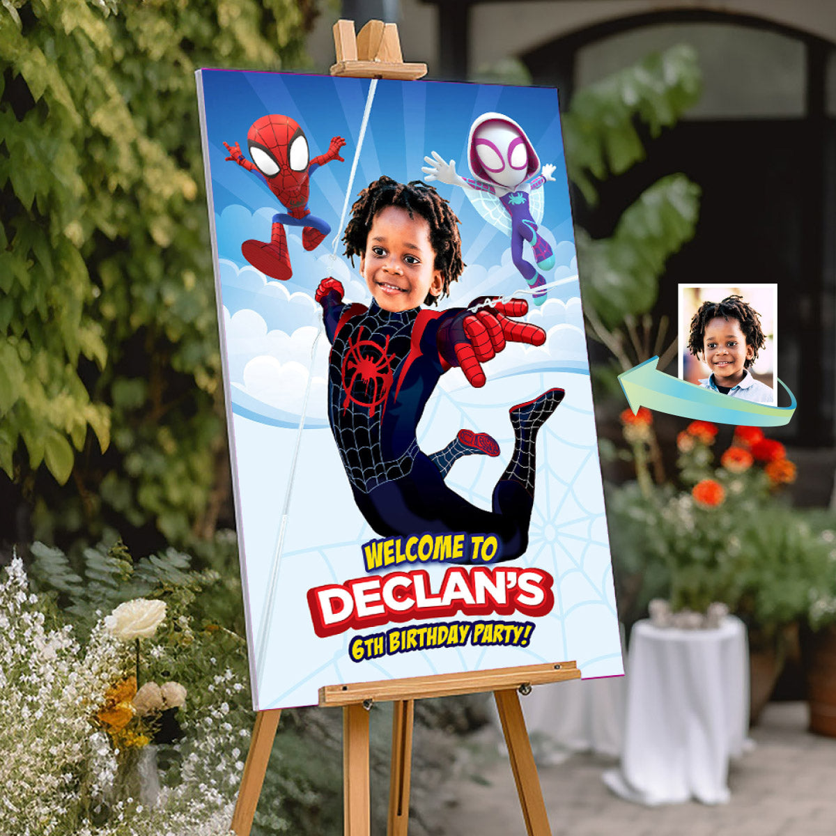 Custom Spin Birthday Welcome Sign with photo, Personalized Miles Morales Party Decor. 2104WS