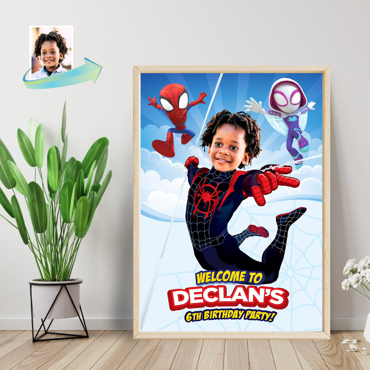 Custom Spin Birthday Welcome Sign with photo, Personalized Miles Morales Party Decor. 2104WS