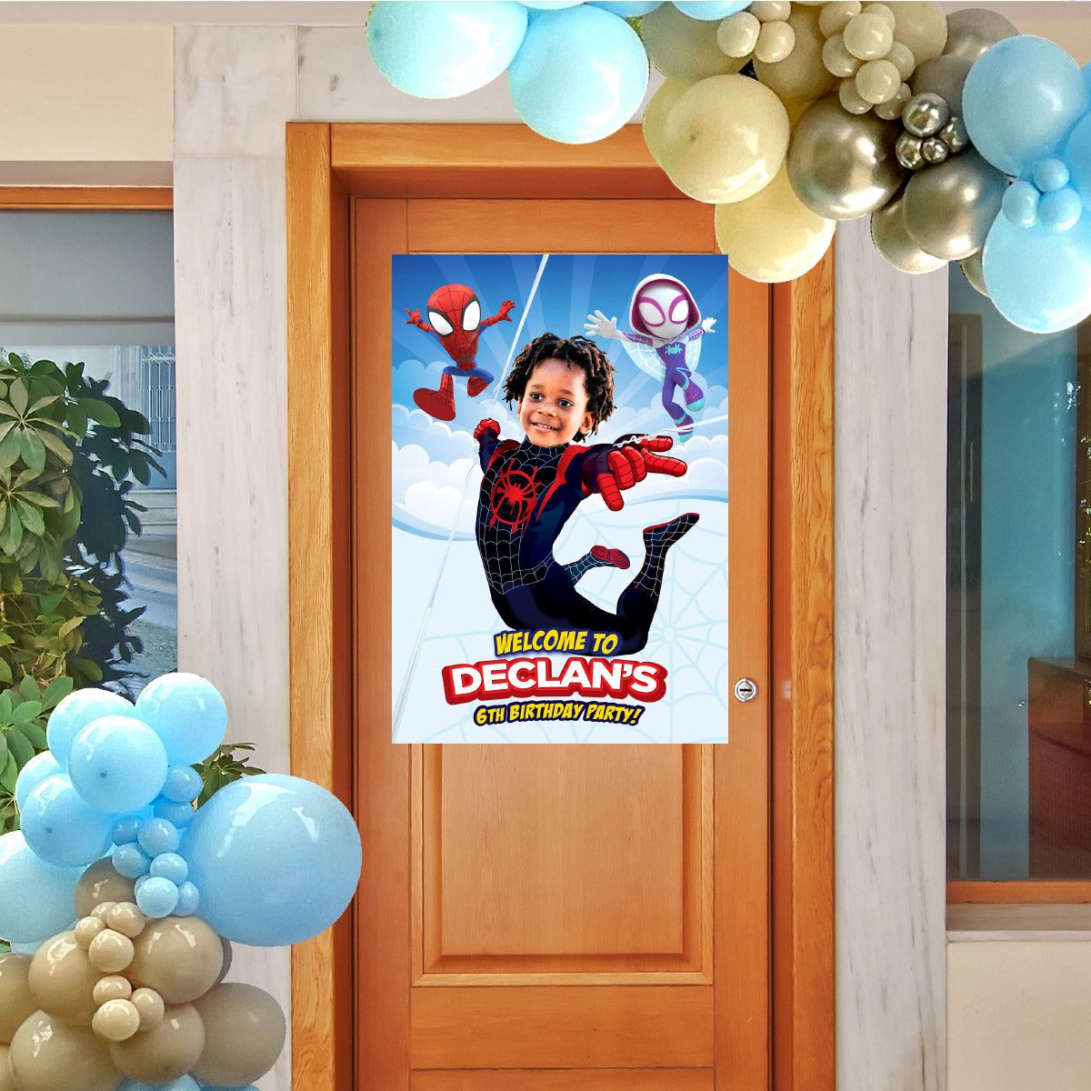 Custom Spin Birthday Welcome Sign with photo, Personalized Miles Morales Party Decor. 2104WS