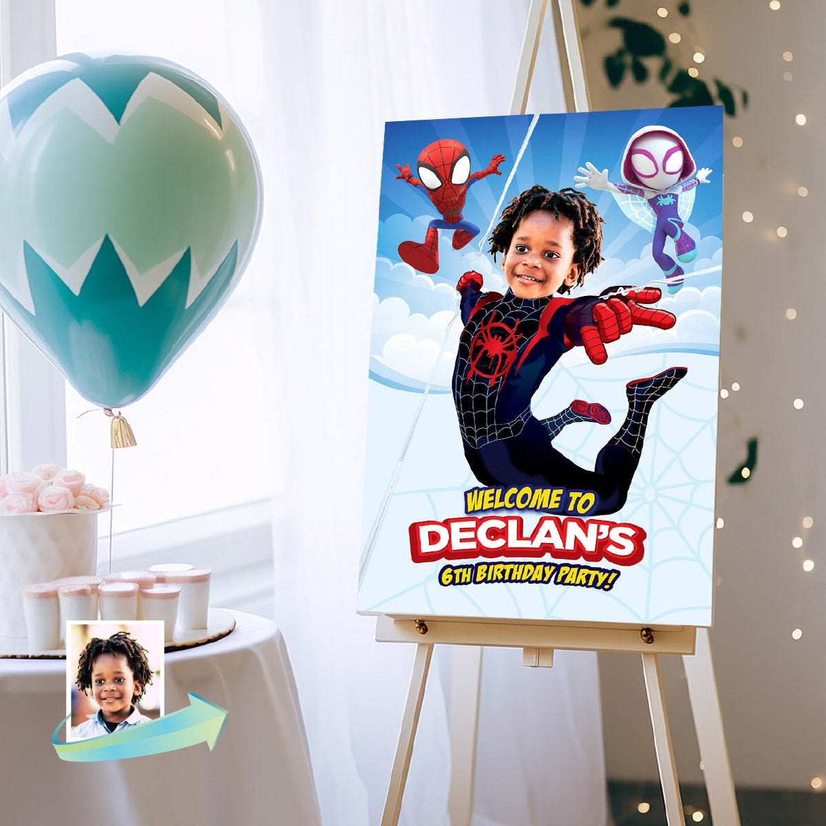 Custom Spin Birthday Welcome Sign with photo, Personalized Miles Morales Party Decor. 2104WS