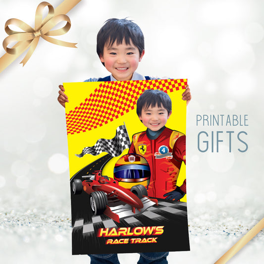Race Car Ferrari custom poster with kid as the star driver, Racing Car Yellow and Red gift decor. 2105GF
