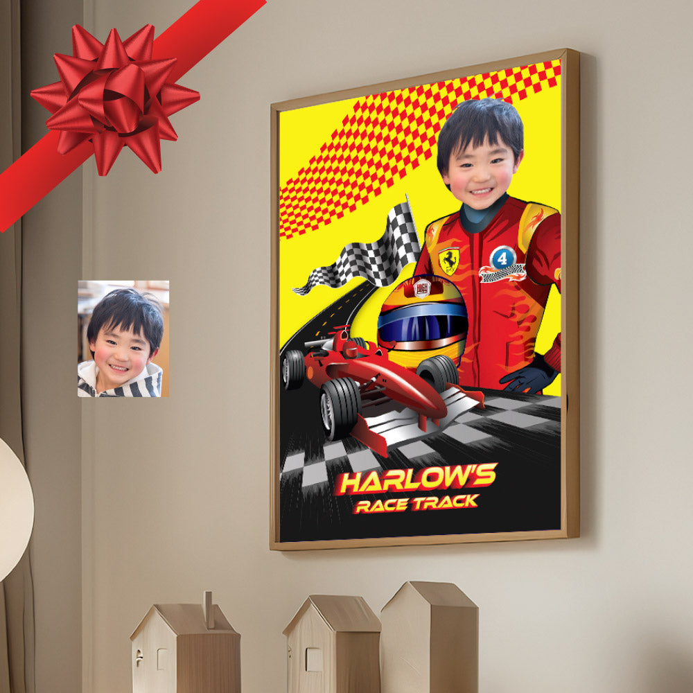 Race Car Ferrari custom poster with kid as the star driver, Racing Car Yellow and Red gift decor. 2105GF