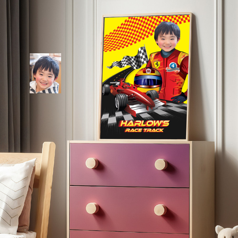 Race Car Ferrari custom poster with kid as the star driver, Racing Car Yellow and Red gift decor. 2105GF