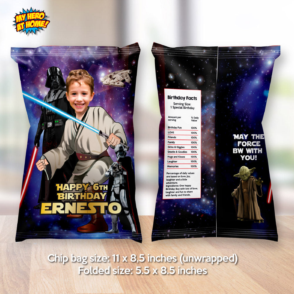 Jedi Star Wars Chip Bag labels with birthday kid as the star, Youngling snacks. 005CB