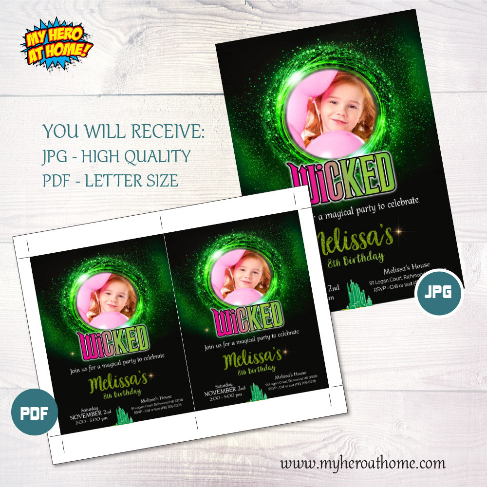 Personalized Wicked Birthday Invitation with photo of birthday girl (Thank You included). 2129