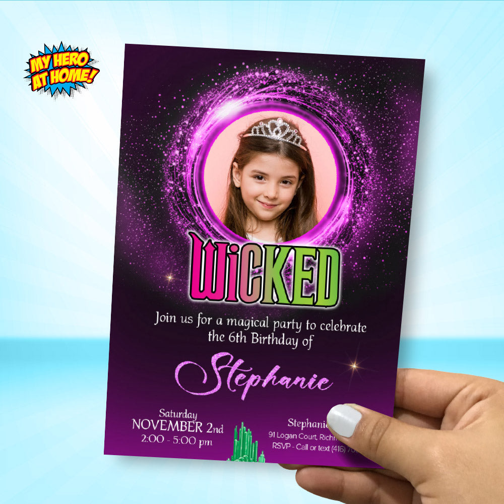 Personalized Purple Wicked Birthday Invitation with photo (Thank You included). 2130