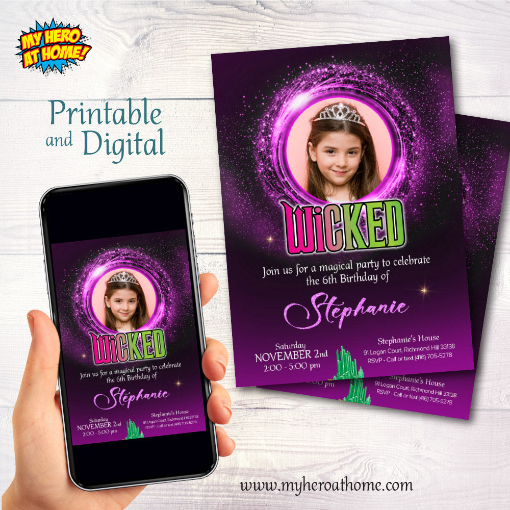 Personalized Purple Wicked Birthday Invitation with photo (Thank You included). 2130
