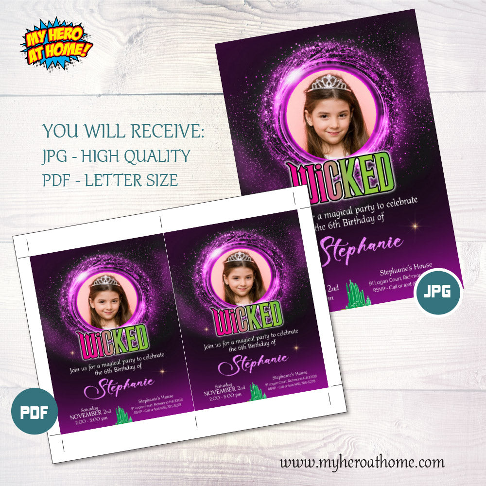 Personalized Purple Wicked Birthday Invitation with photo (Thank You included). 2130