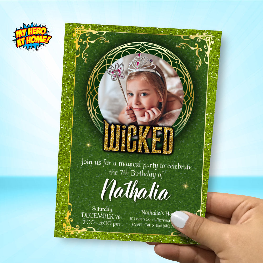 Green and Gold Wicked Birthday Invitation with photo (Thank You included). 2131
