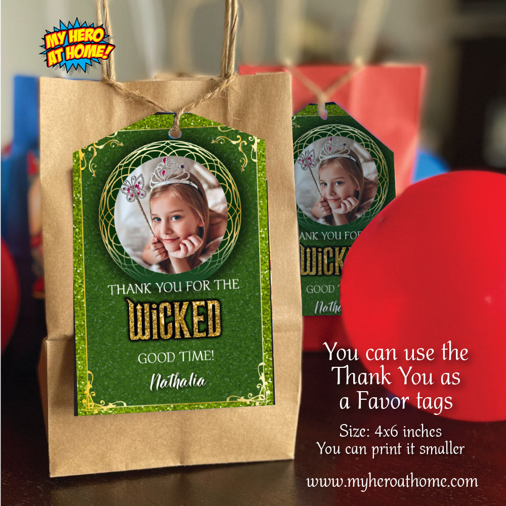 Green and Gold Wicked Birthday Invitation with photo (Thank You included). 2131