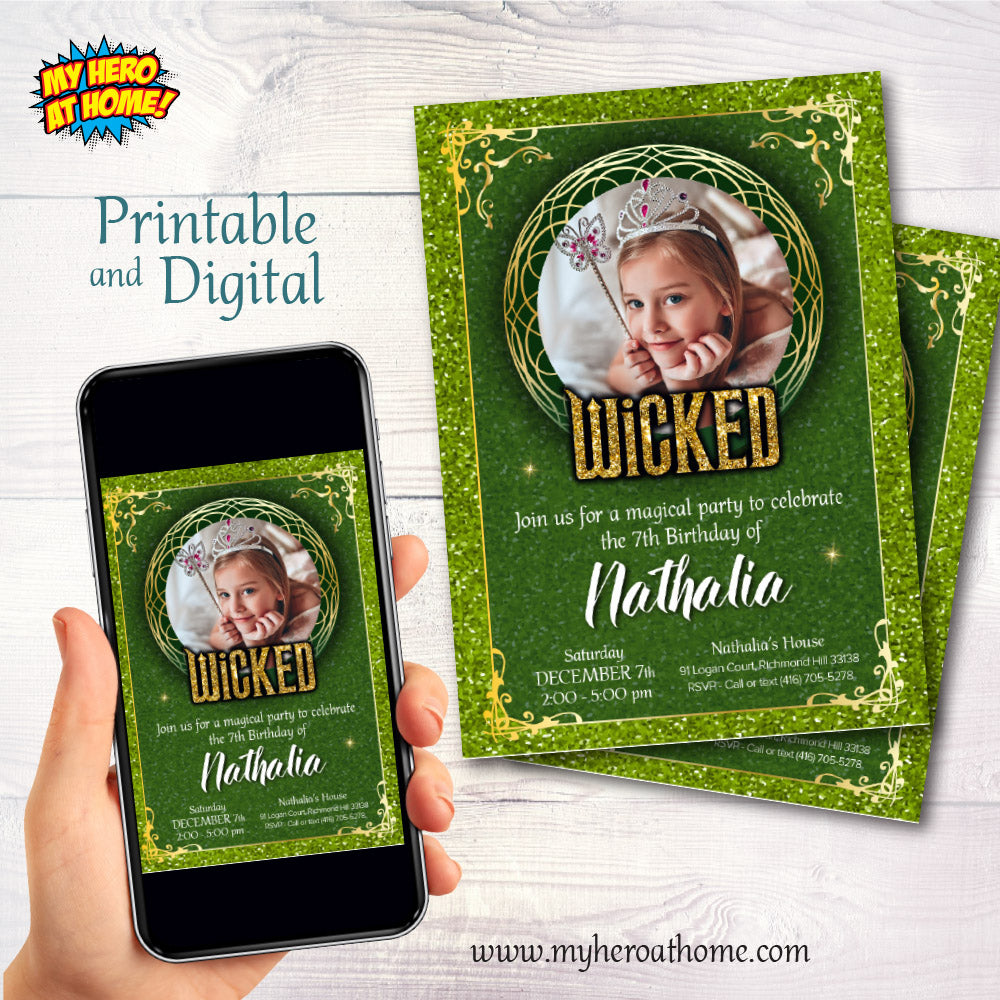Green and Gold Wicked Birthday Invitation with photo (Thank You included). 2131