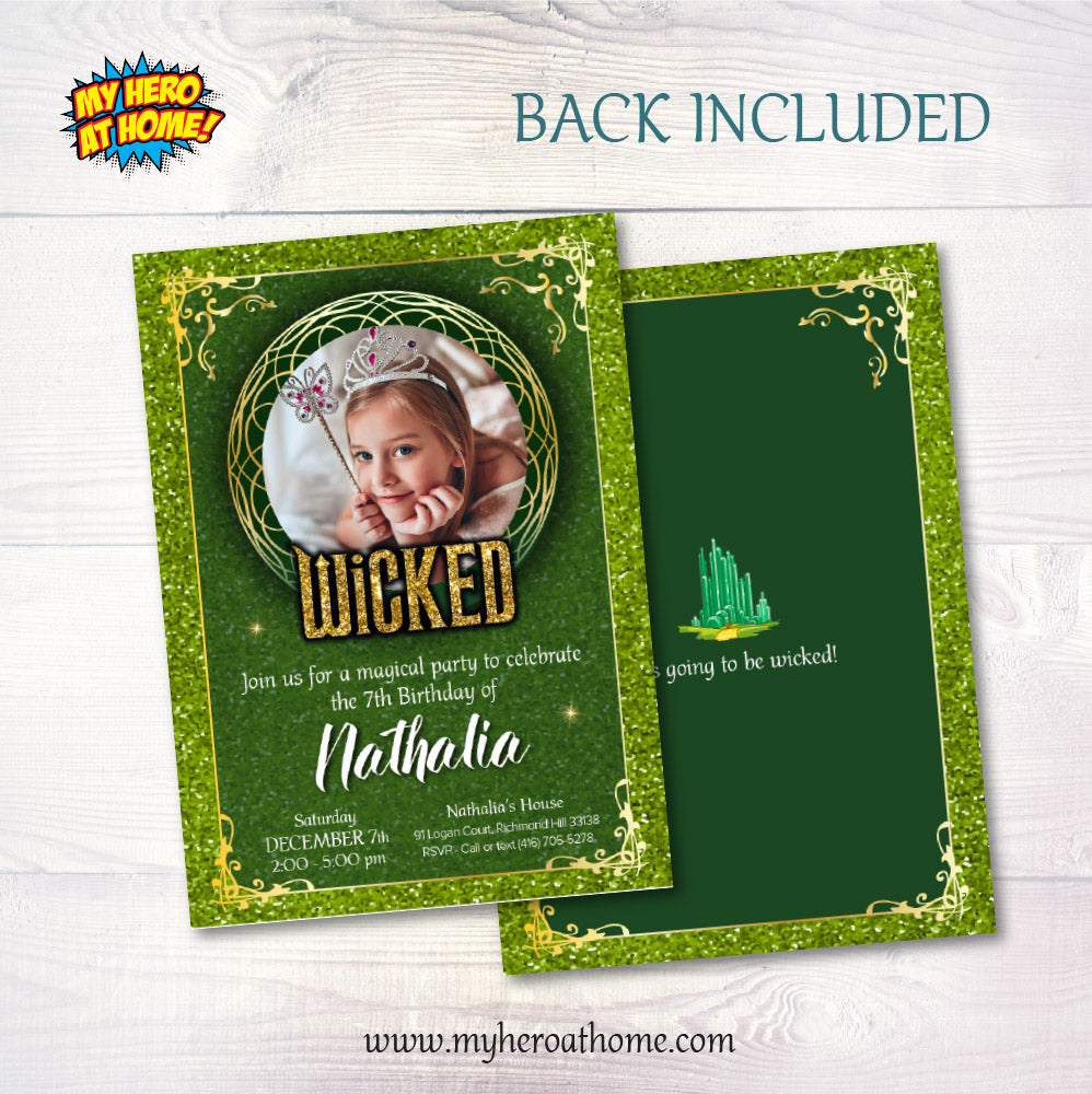Green and Gold Wicked Birthday Invitation with photo (Thank You included). 2131