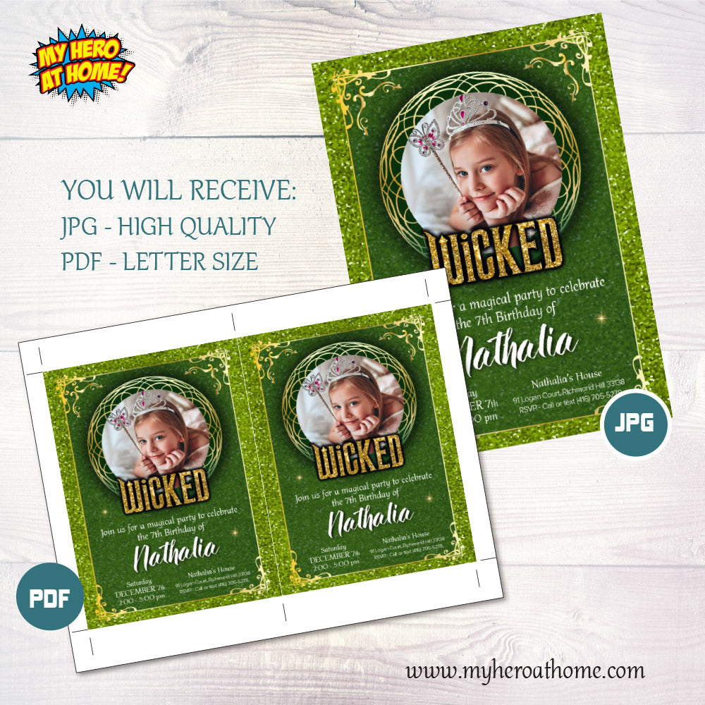 Green and Gold Wicked Birthday Invitation with photo (Thank You included). 2131