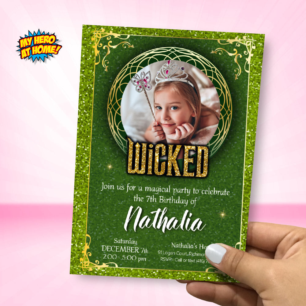 Green and Gold Wicked Birthday Invitation with photo (Thank You included). 2131