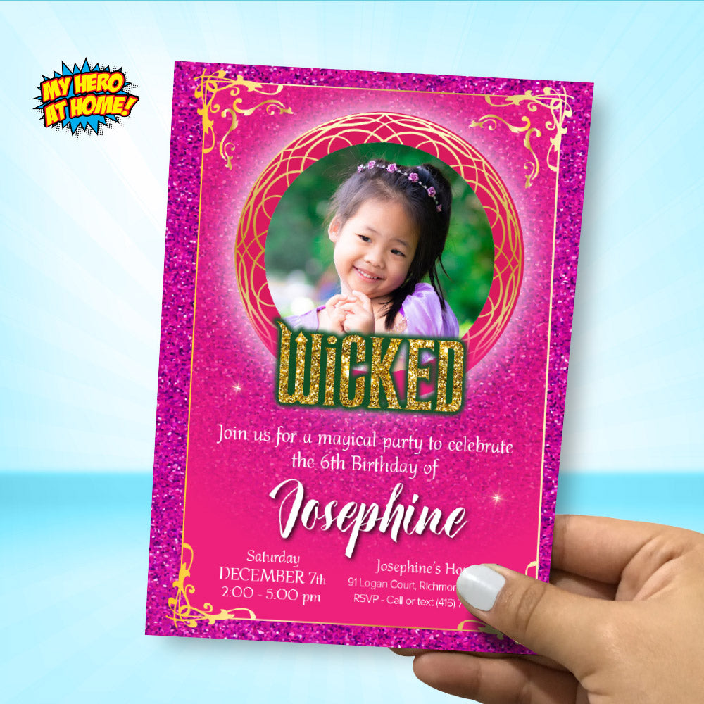 Pink and Gold Wicked Birthday Invitation with Girl’s photo (Thank You Tags included). 2132