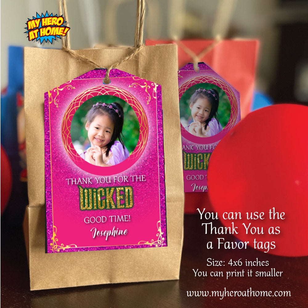 Pink and Gold Wicked Birthday Invitation with Girl’s photo (Thank You Tags included). 2132