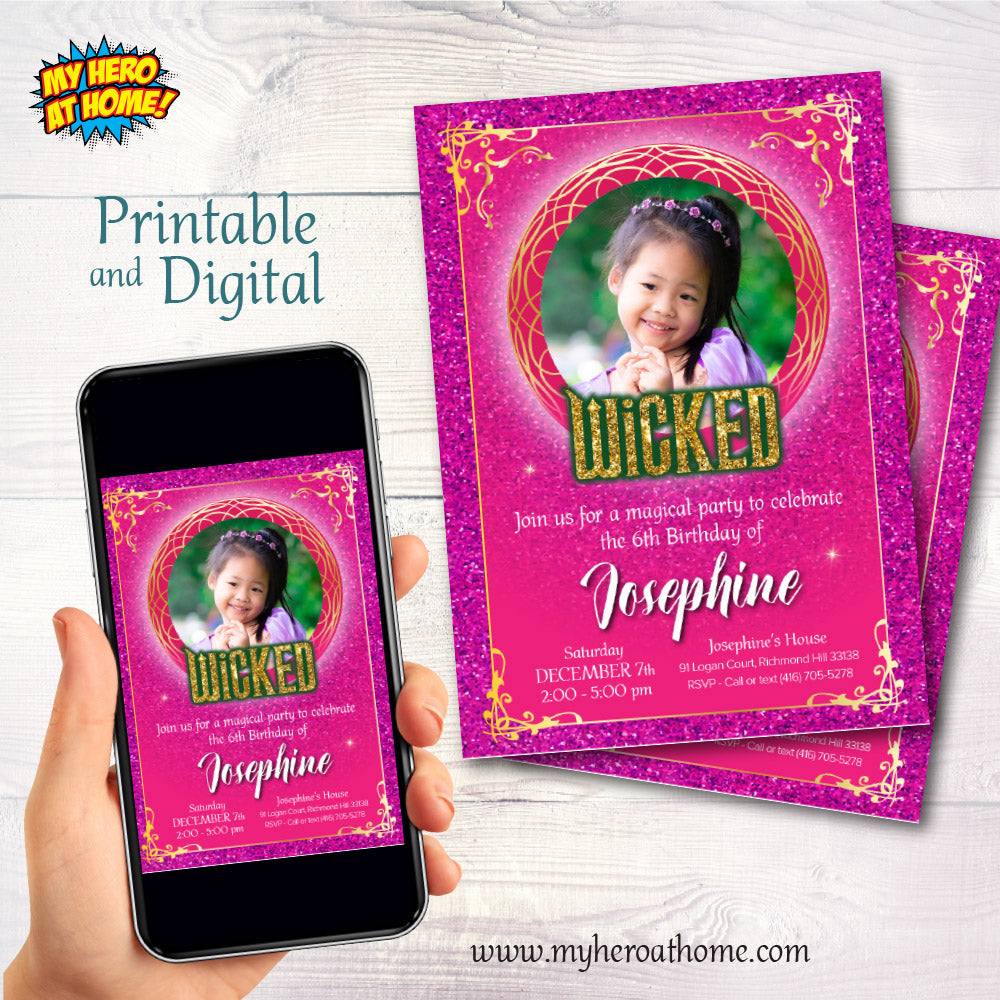 Pink and Gold Wicked Birthday Invitation with Girl’s photo (Thank You Tags included). 2132