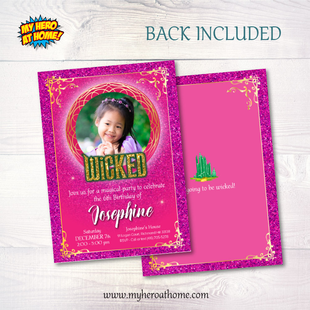 Pink and Gold Wicked Birthday Invitation with Girl’s photo (Thank You Tags included). 2132