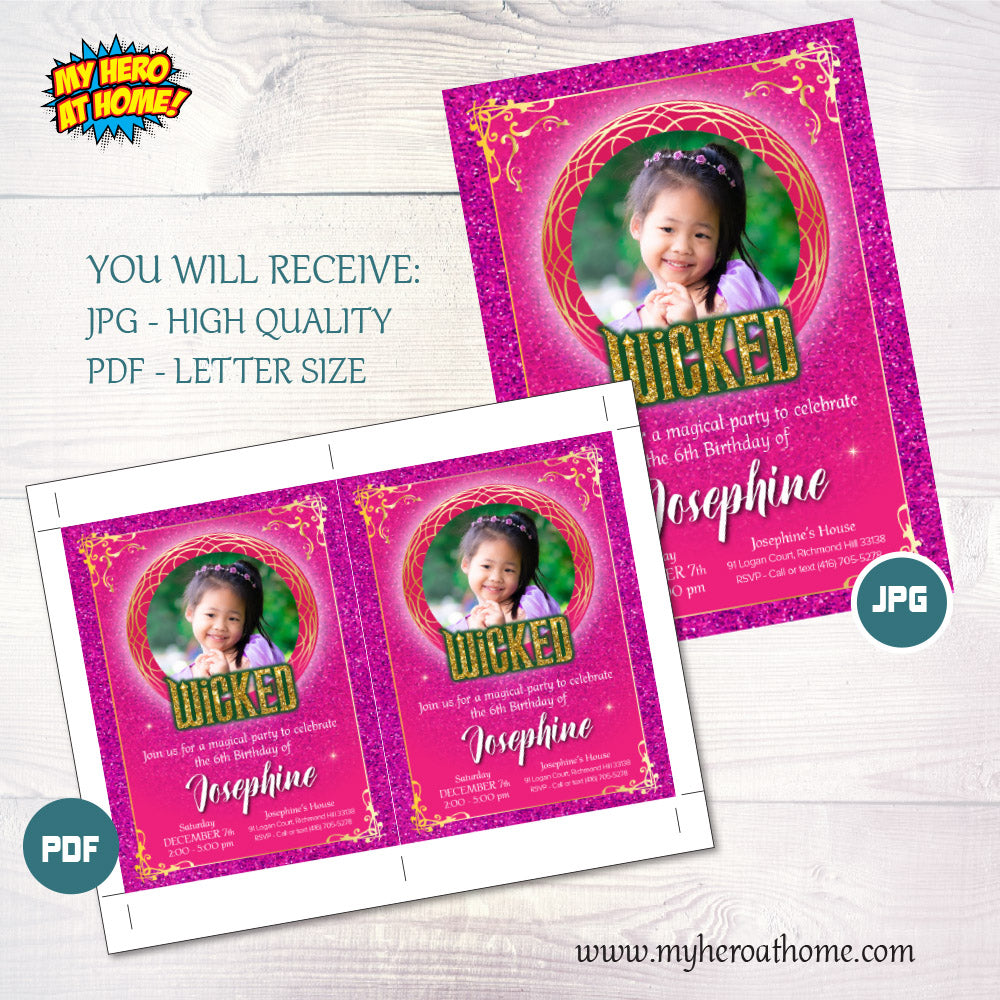 Pink and Gold Wicked Birthday Invitation with Girl’s photo (Thank You Tags included). 2132