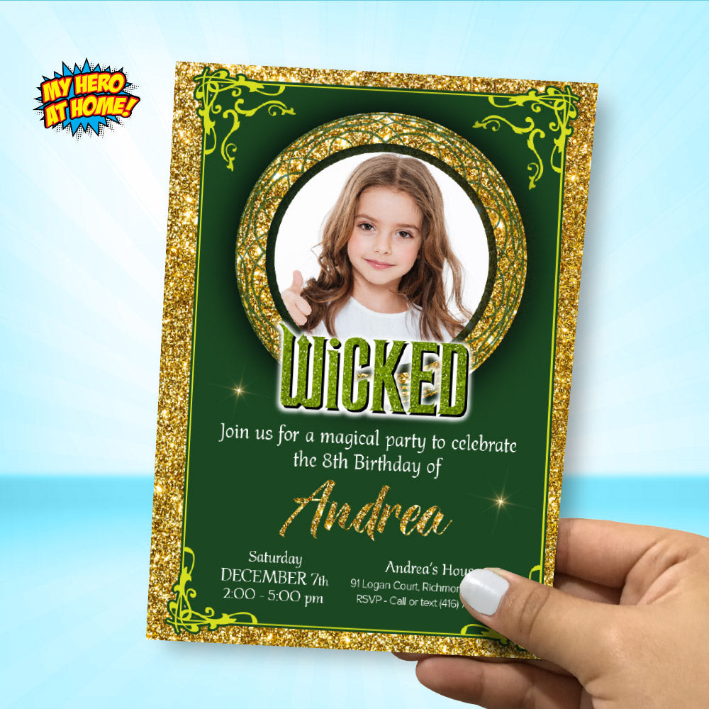 Wicked Green and Gold Party Invitation with birthday girl’s photo (Thank You Tags included). 2133