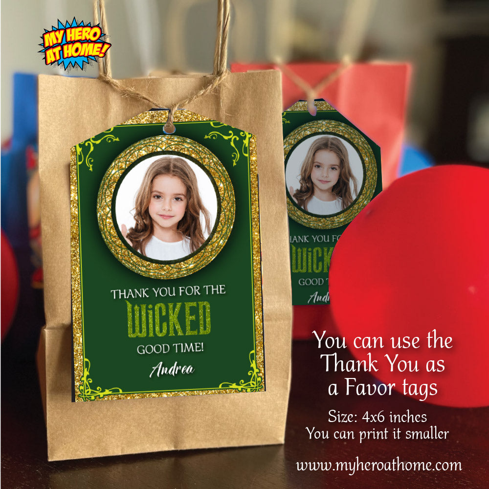 Wicked Green and Gold Party Invitation with birthday girl’s photo (Thank You Tags included). 2133