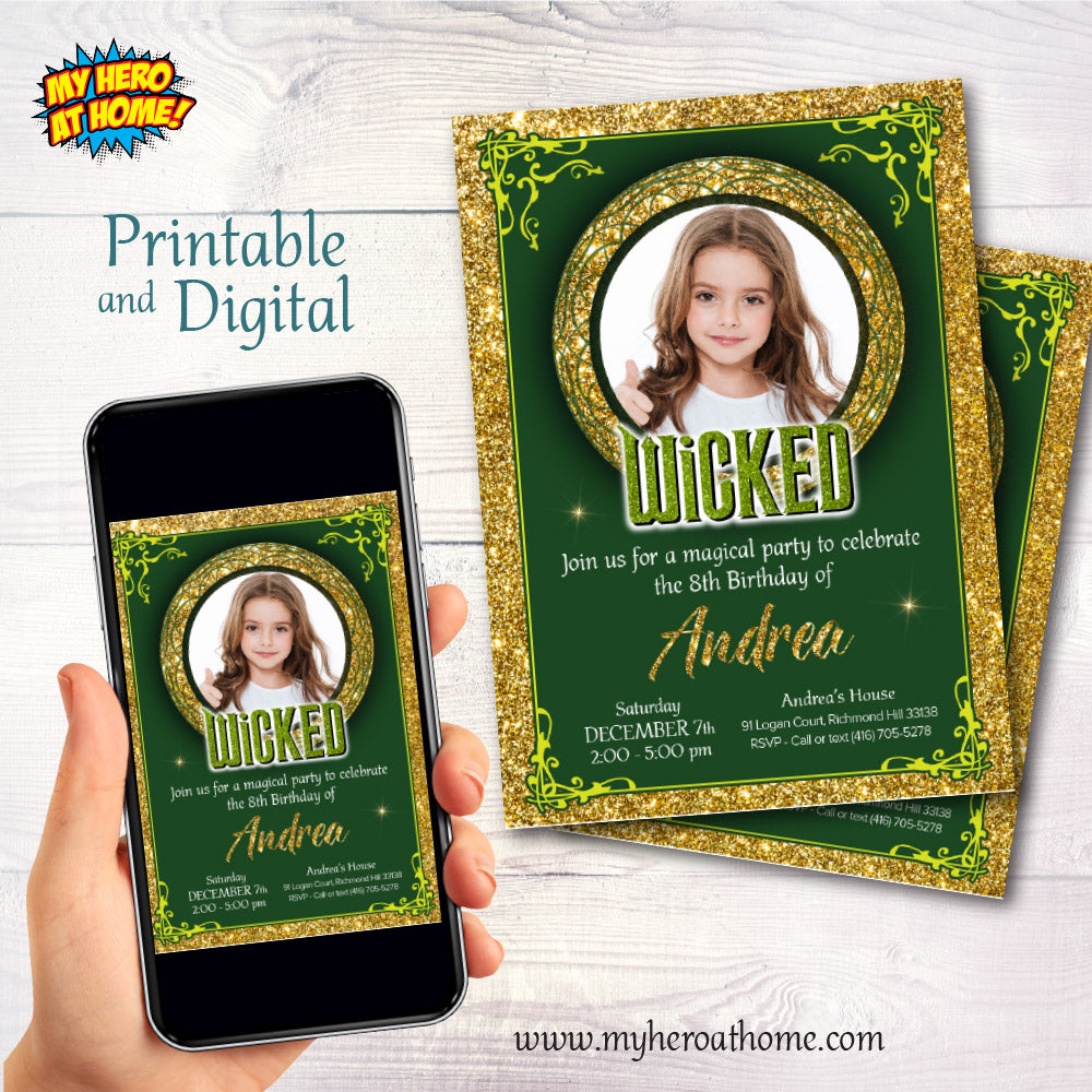 Wicked Green and Gold Party Invitation with birthday girl’s photo (Thank You Tags included). 2133