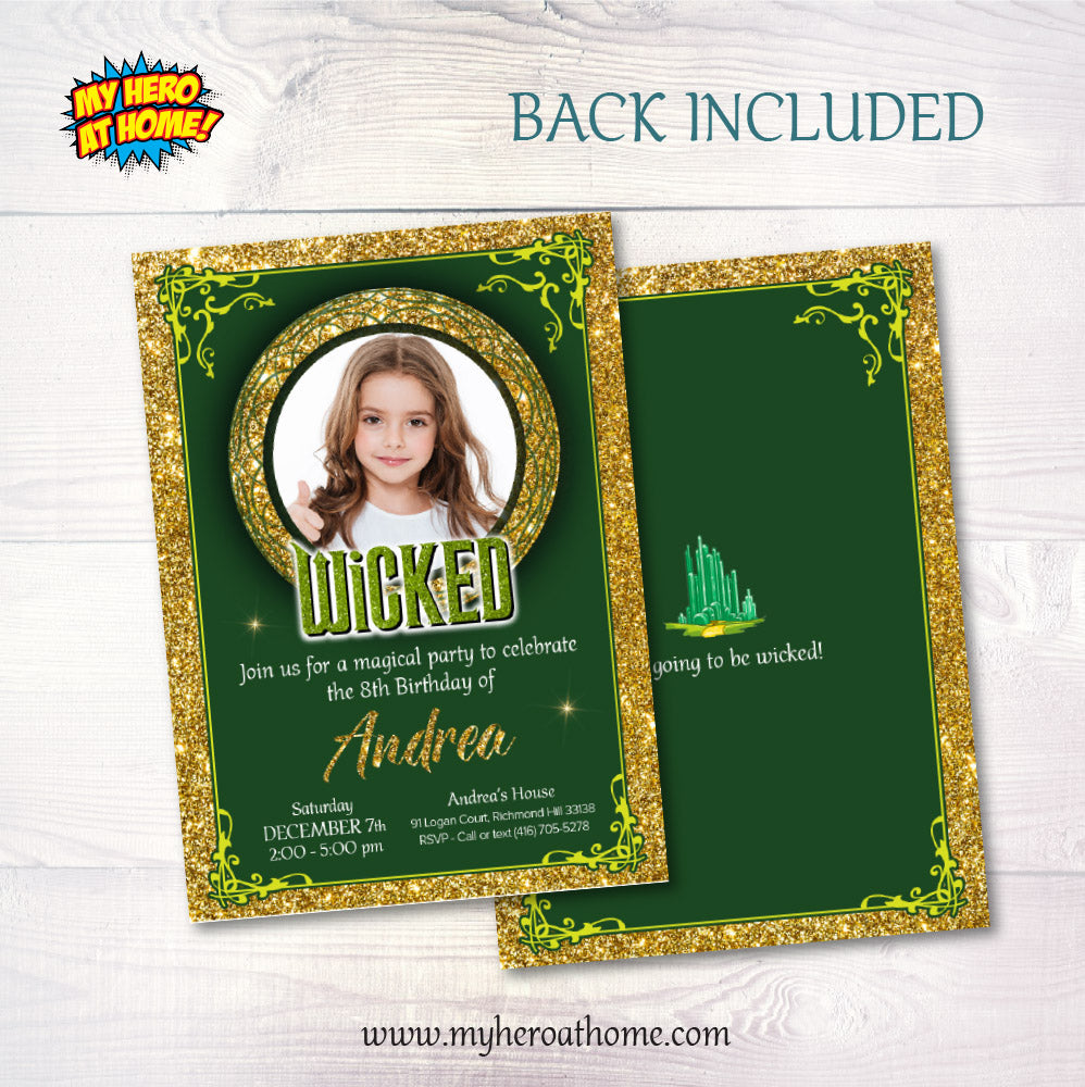 Wicked Green and Gold Party Invitation with birthday girl’s photo (Thank You Tags included). 2133