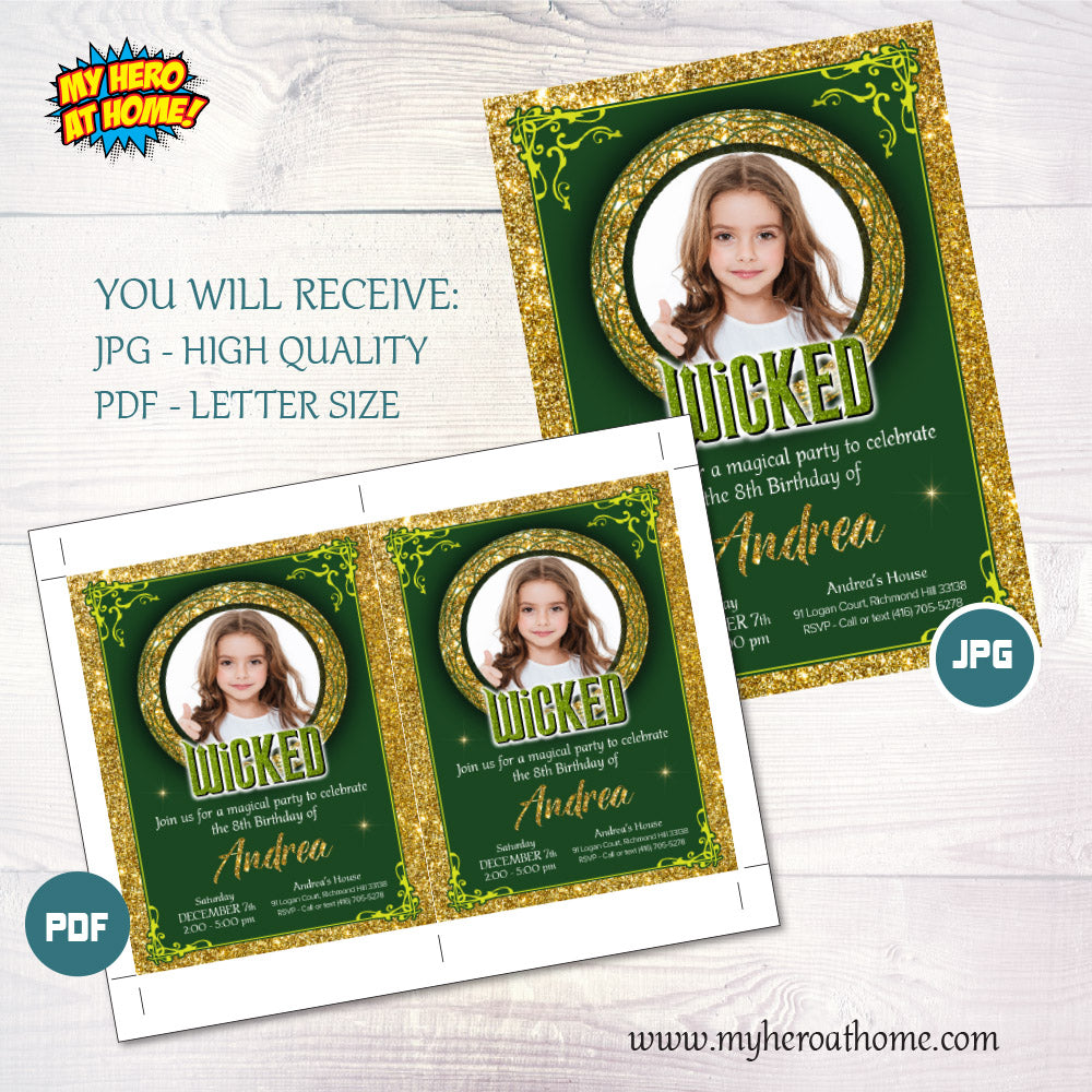 Wicked Green and Gold Party Invitation with birthday girl’s photo (Thank You Tags included). 2133