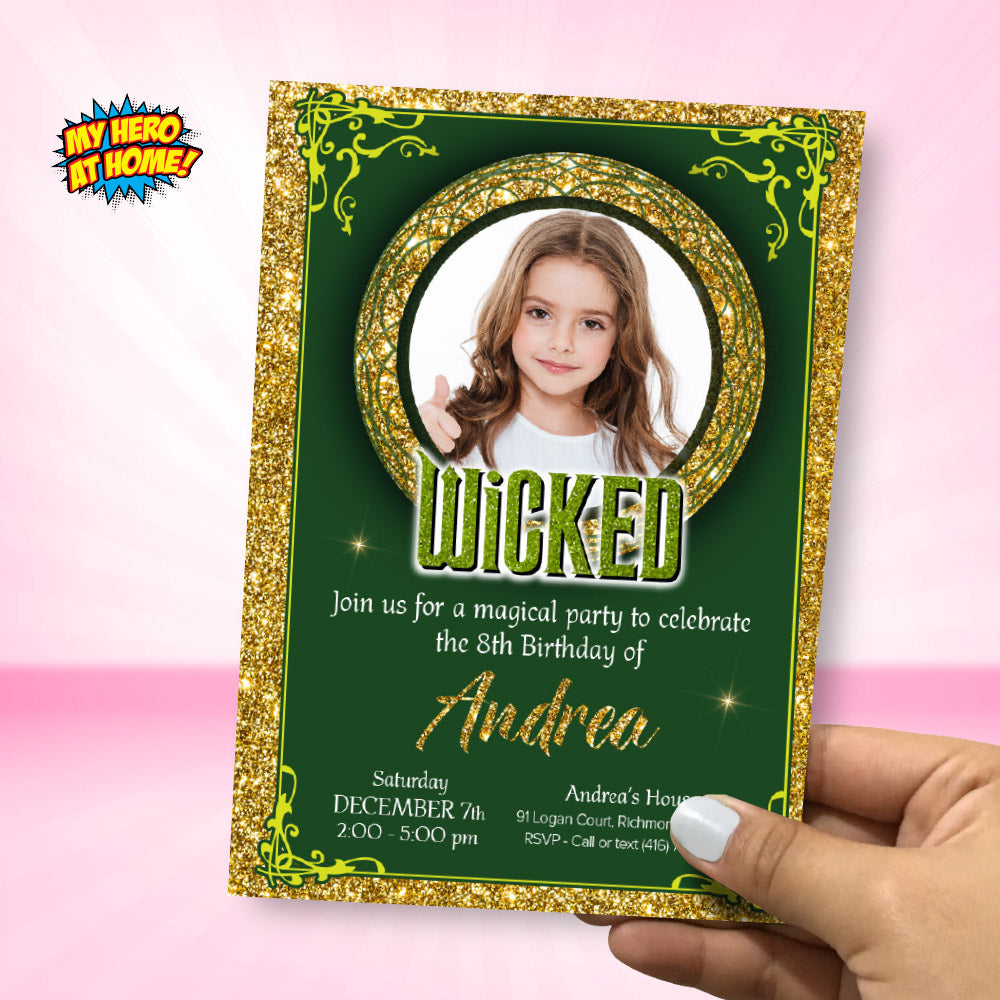 Wicked Green and Gold Party Invitation with birthday girl’s photo (Thank You Tags included). 2133