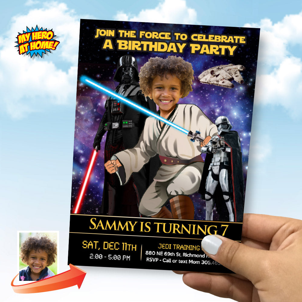 Star Wars Jedi training Birthday Party invitation with kid as the star, Obi-wan template. 214