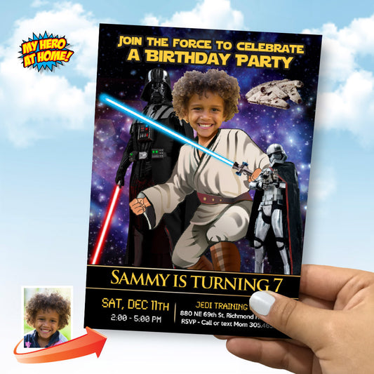 Star Wars Jedi training Birthday Party invitation with kid as the star, Obi-wan template. 214