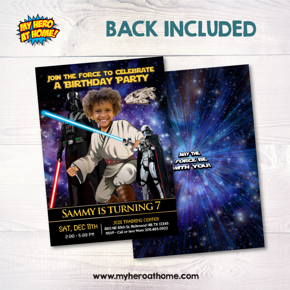 Star Wars Jedi training Birthday Party invitation with kid as the star, Obi-wan template. 214