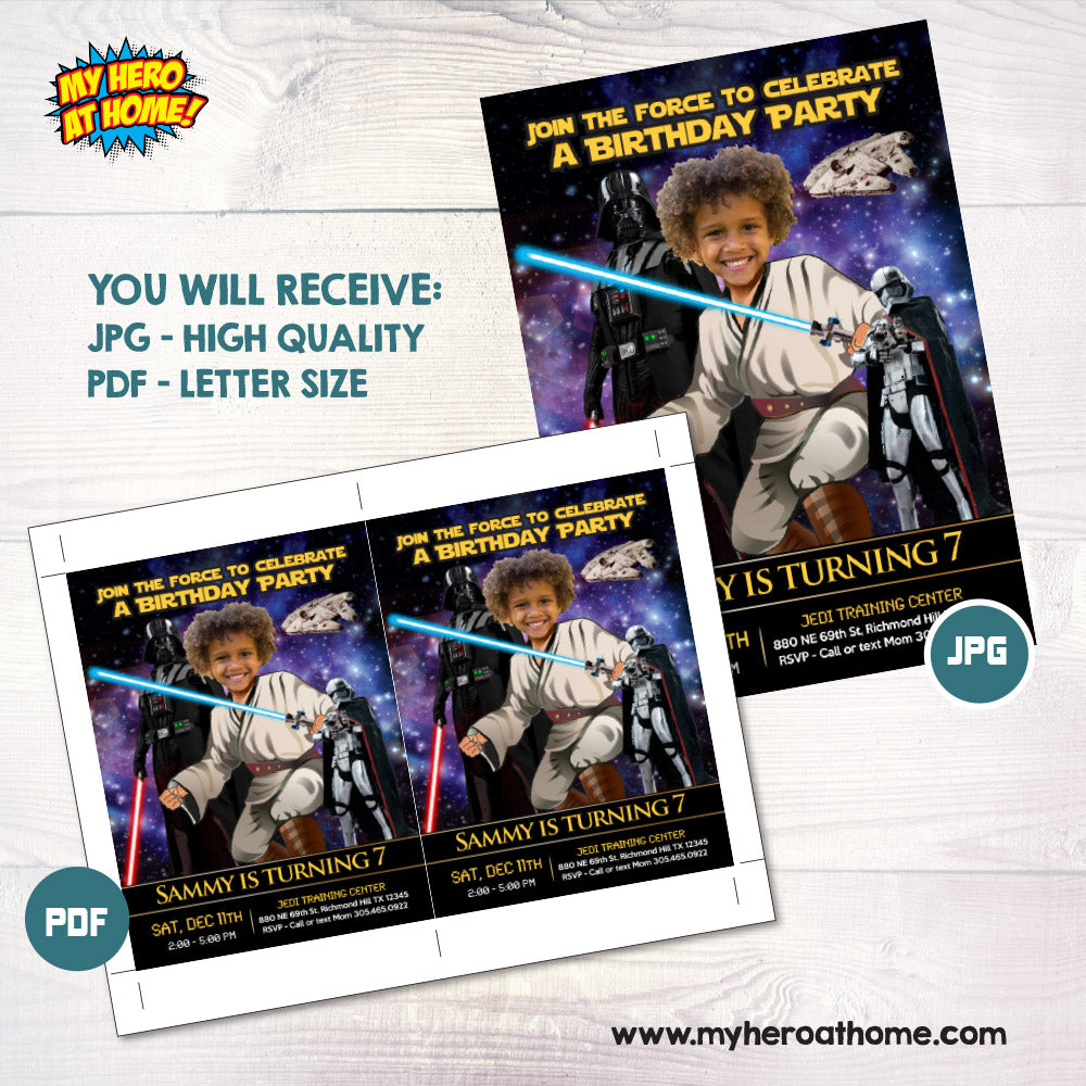 Star Wars Jedi training Birthday Party invitation with kid as the star, Obi-wan template. 214