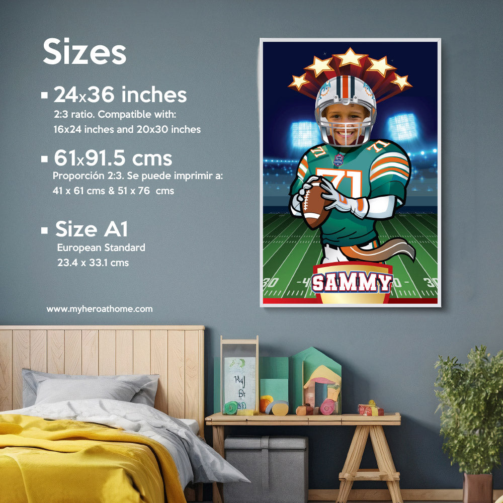 Custom Miami Dolphins Gifts with kid as his favorite player, Printable Miami Dolphins decor. 2154GF