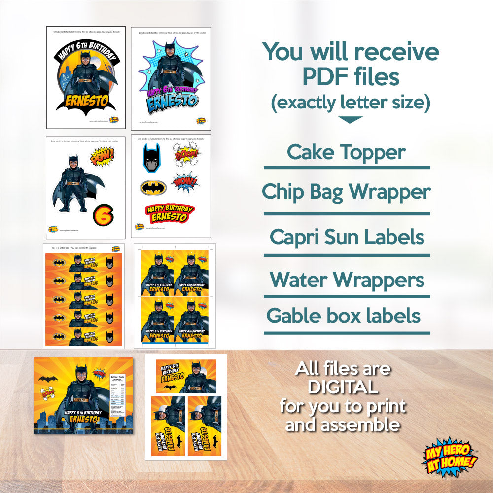 Bundle Batman Party table, Batman Cake Topper, snacks labels, Chip bags, Gable box, Drink labels. 215B1