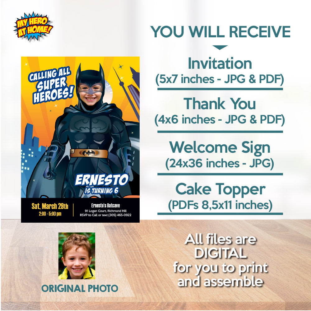 Bundle Batman Birthday, Invitation and Thank you, Cake Topper and Welcome Sign, all with your kid as Batman. 215B2