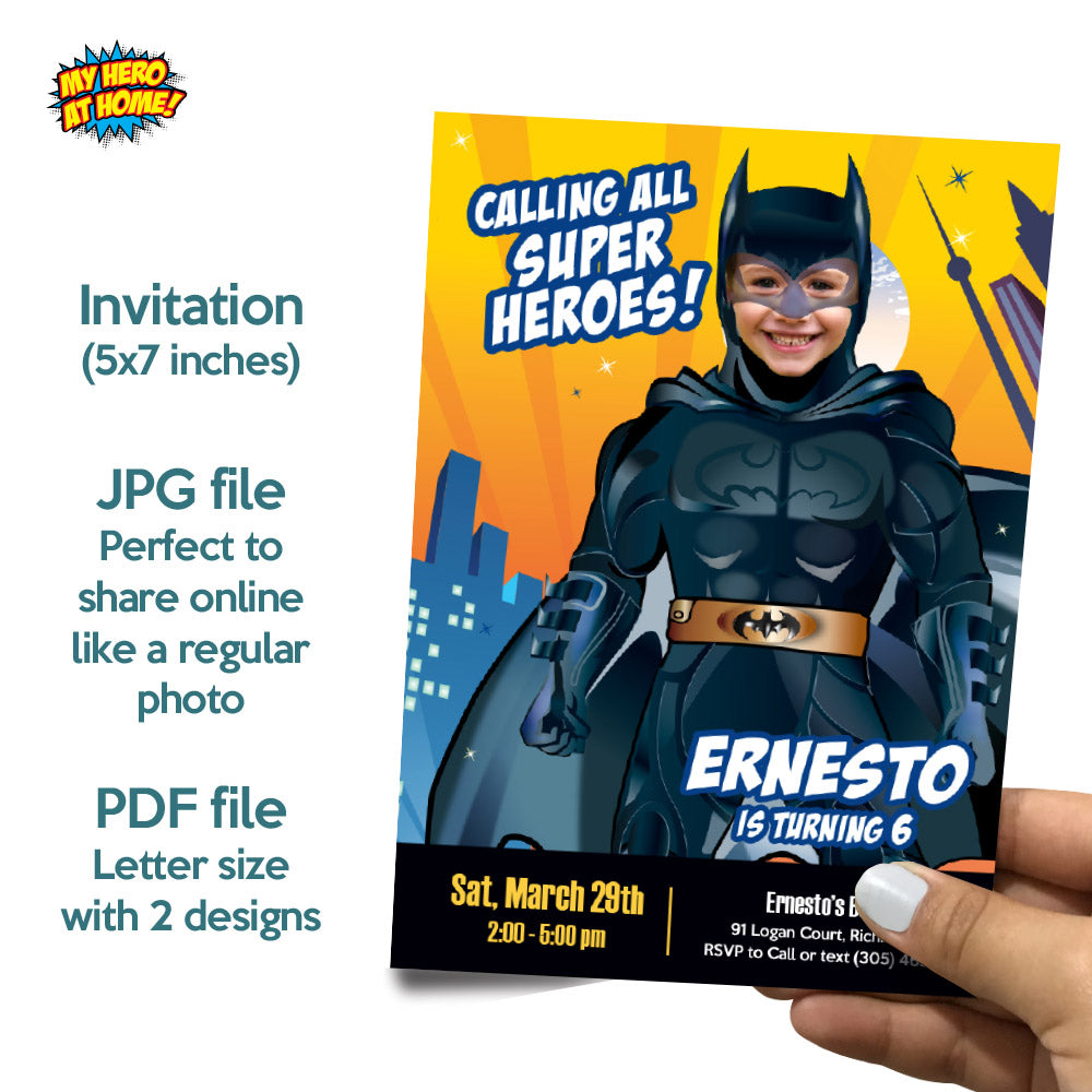 Bundle Batman Birthday, Invitation and Thank you, Cake Topper and Welcome Sign, all with your kid as Batman. 215B2