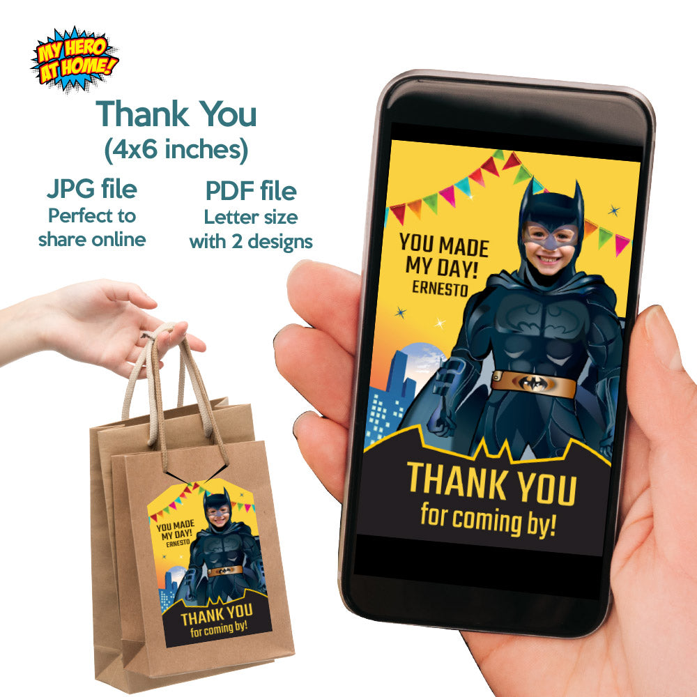 Bundle Batman Birthday, Invitation and Thank you, Cake Topper and Welcome Sign, all with your kid as Batman. 215B2