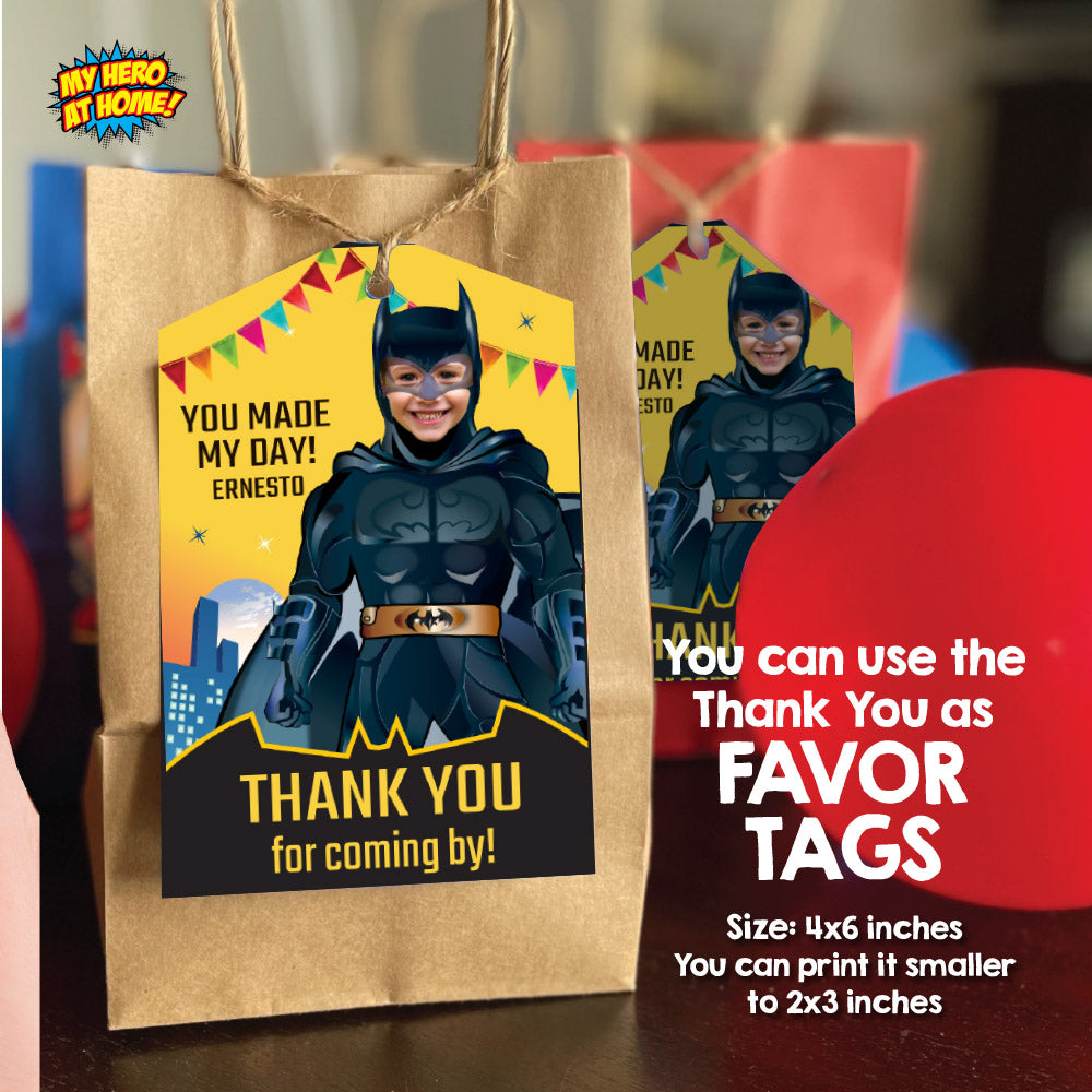 Bundle Batman Birthday, Invitation and Thank you, Cake Topper and Welcome Sign, all with your kid as Batman. 215B2