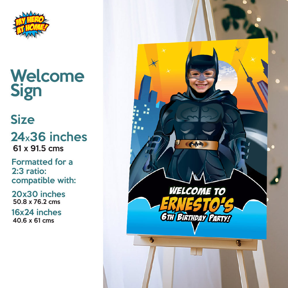Bundle Batman Birthday, Invitation and Thank you, Cake Topper and Welcome Sign, all with your kid as Batman. 215B2