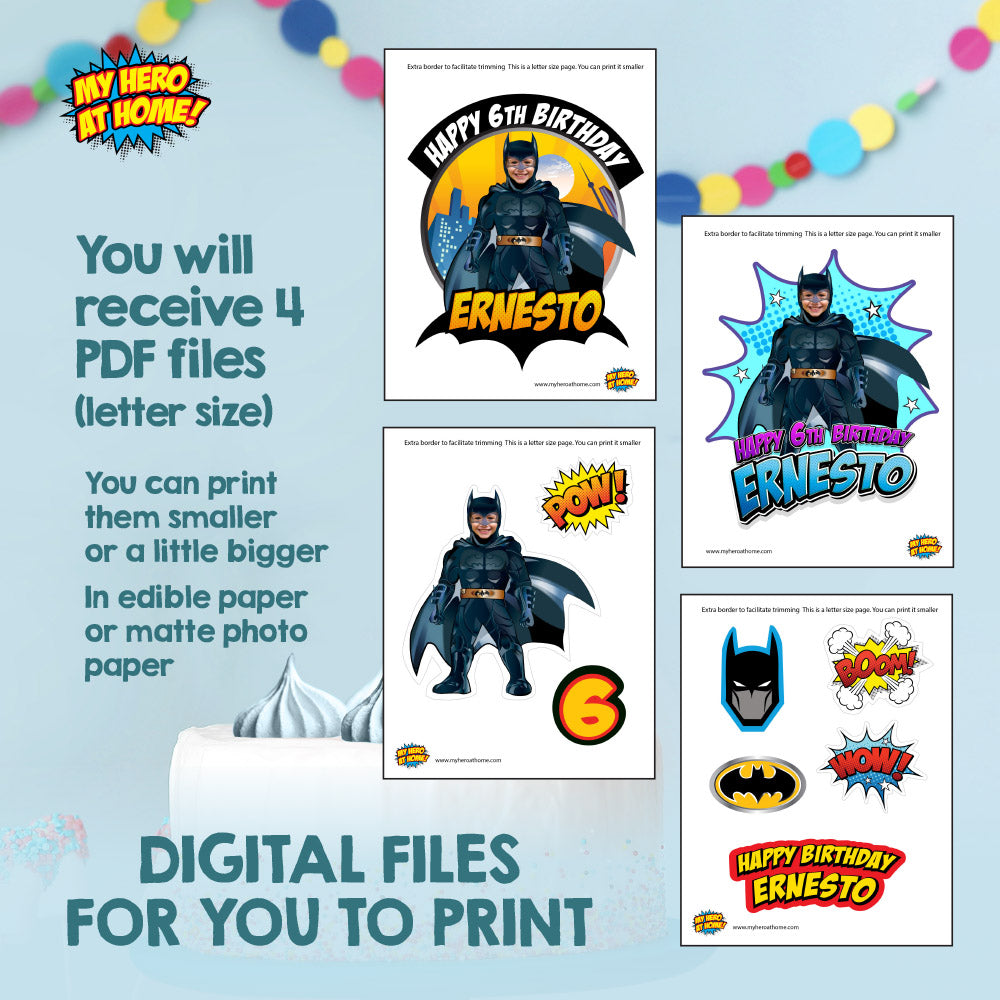 Bundle Batman Birthday, Invitation and Thank you, Cake Topper and Welcome Sign, all with your kid as Batman. 215B2