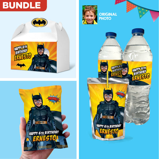 Bundle Batman snacks labels, Batman water wrappers and capri sun, Chip bags, Candy box labels. 215B3