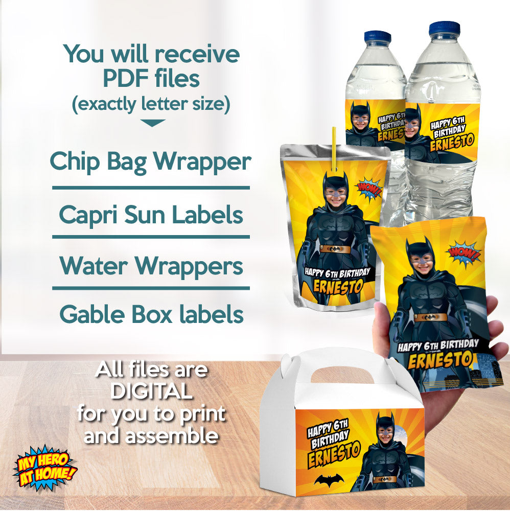 Bundle Batman snacks labels, Batman water wrappers and capri sun, Chip bags, Candy box labels. 215B3
