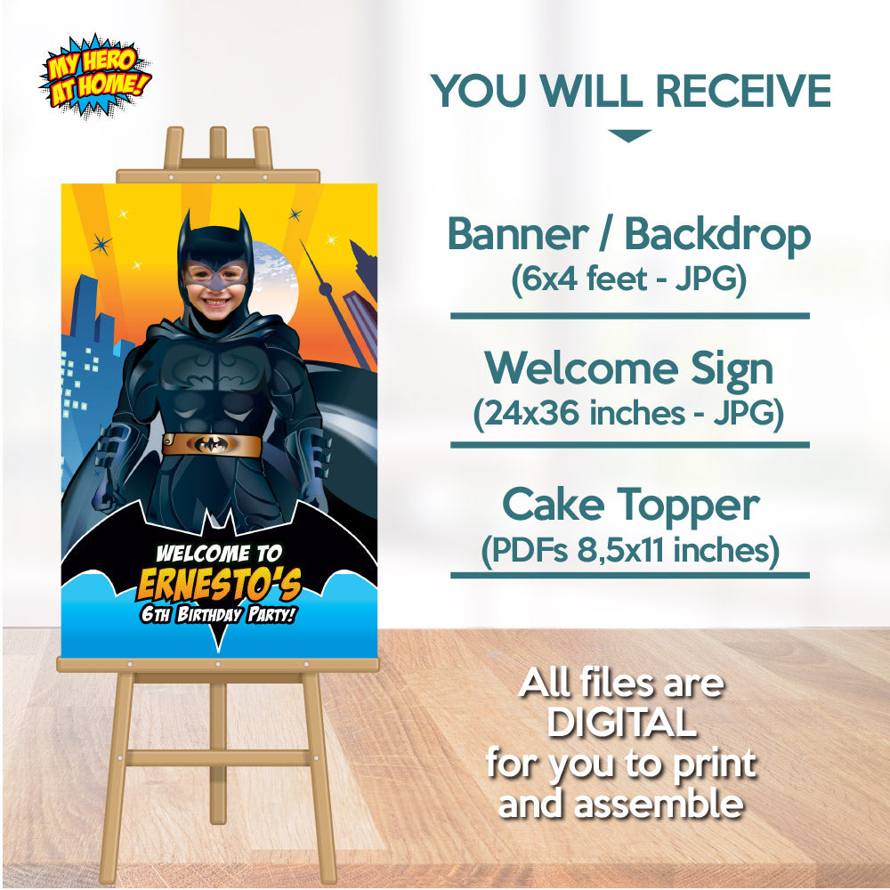 Bundle Batman Party decoration, Batman Banner Backdrop with photo, Cake Topper and Welcome Sign of Batman. 215B4