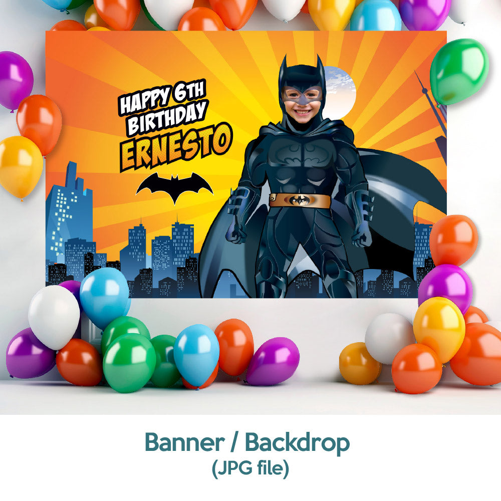 Bundle Batman Party decoration, Batman Banner Backdrop with photo, Cake Topper and Welcome Sign of Batman. 215B4
