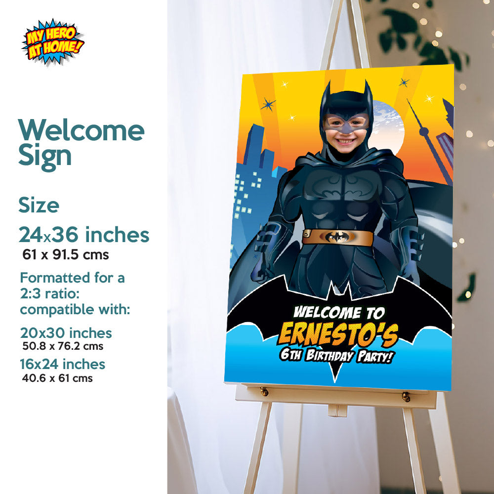 Bundle Batman Party decoration, Batman Banner Backdrop with photo, Cake Topper and Welcome Sign of Batman. 215B4