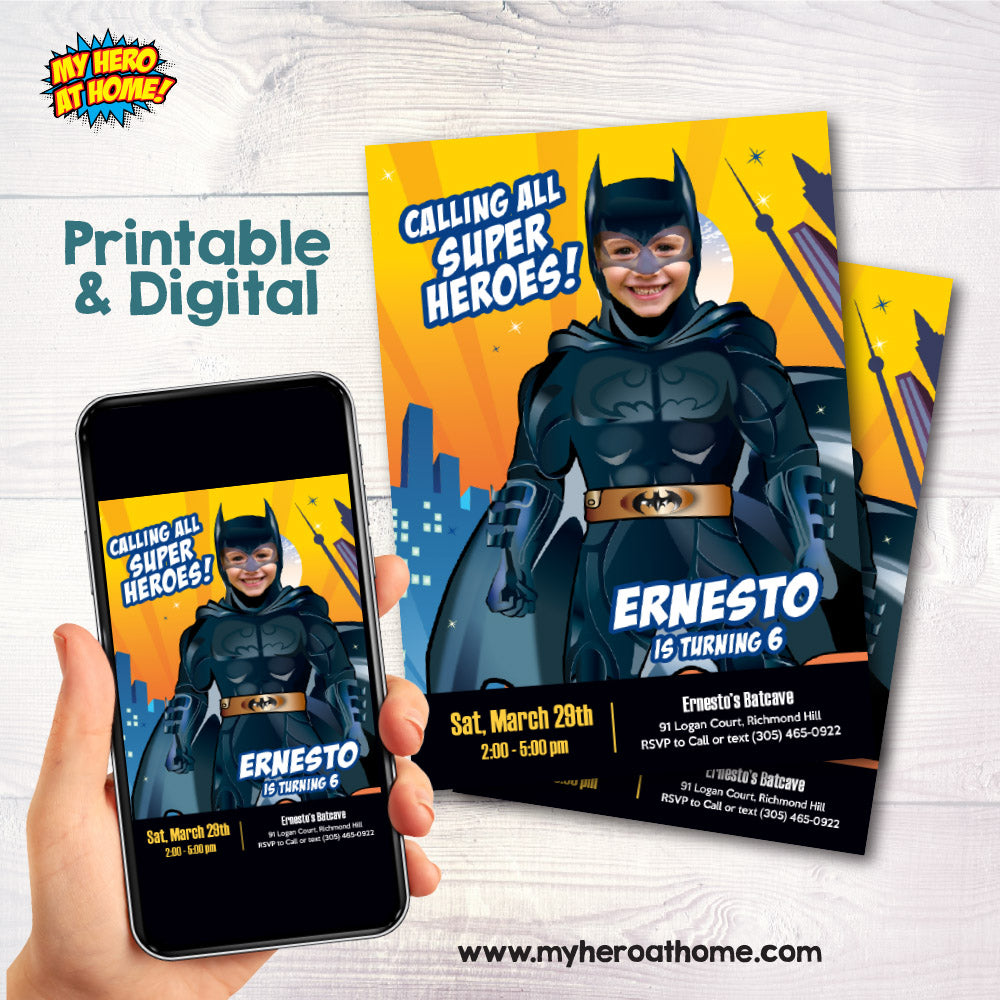 Batman birthday party Invitation with your kid as Batman, Batman party photo template. 215IN