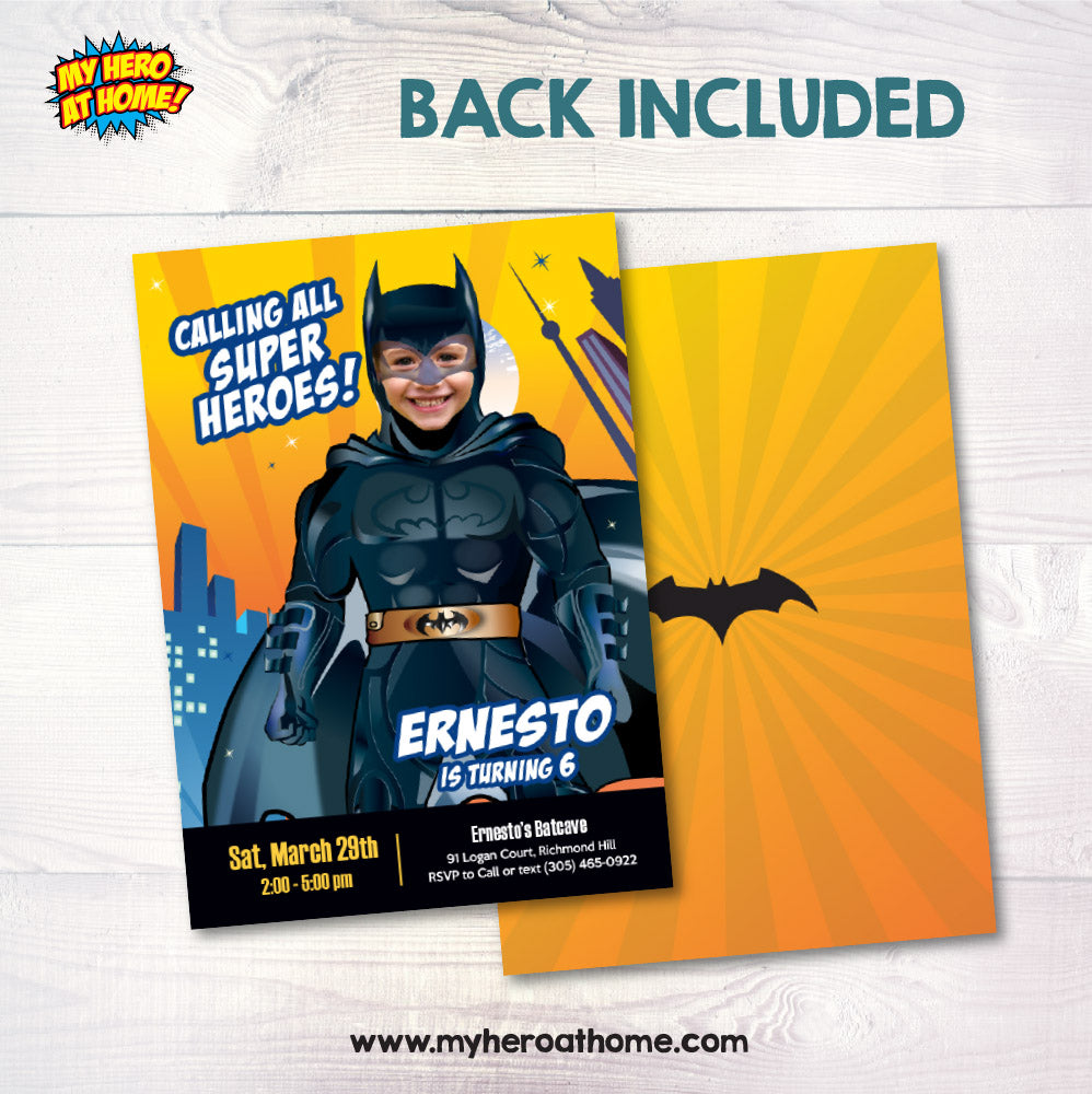 Batman birthday party Invitation with your kid as Batman, Batman party photo template. 215IN