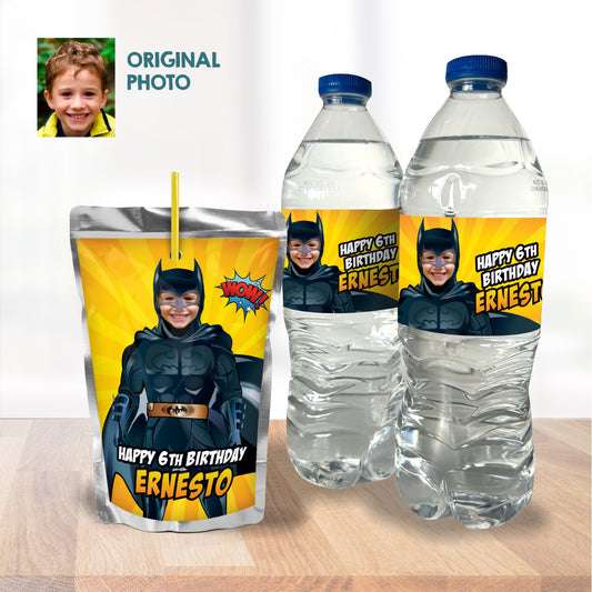 Batman water labels wrappers with photo, Batman party juice labels, Batman Capri sun labels. 215WJ