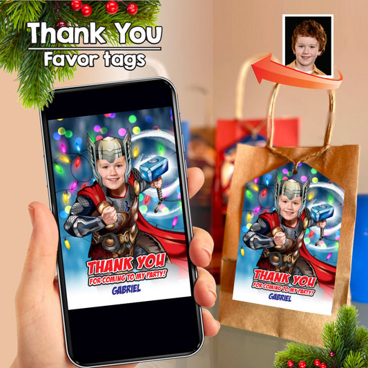 Thor Christmas Party Thank You with photo of birthday boy as Thor, Christmas Favor Tags themed Thor. 2169TY